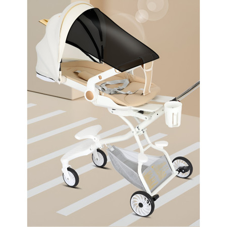 Carucior Sport Cyrax 3in1, 6-36 Luni, Reversibil, Pliabil, Tavita pentru Masa, Pozitie de Somn, Centura de Siguranta, Roti 360, Suport Pahar, Copertina pentru Soare, 33x66x85cm, Alb Model Pisica