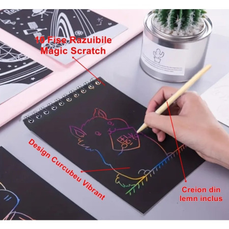 Caiet cu fise razuibile Cyrax, DIY Magic Scratch, 12 File, Curcubeu, Creion din Lemn, Cartonase negre, 14 x 10 cm, galben