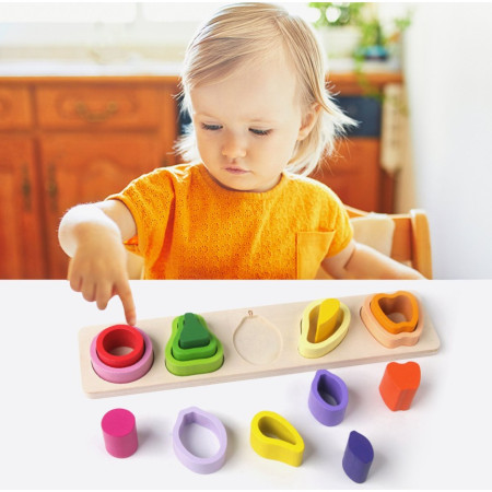 Jucarie Montessori din Lemn, Cyrax, Tip Puzzle, cu 5 Forme Asimetrice, 15 Piese, Model Fructe, Educativa, Interactiva, Creativa, Materiale Non Toxice, +2 Ani, 29x6.5 cm, Multicolor