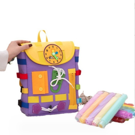 Ghiozdan Montessori, Cyrax, pentru Copii 2-6 ani, Fidget Pop, cu Catarame si Fermoare, Jucarii Senzoriale, Activitate de Invatare prin Joc, Mov, 0.25 kg, 28x10x23 cm