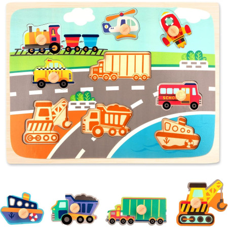 Puzzle Montessori din Lemn pentru Copii, Cyrax, 0-3 Ani, 3D, Model Transporturi, Educativ, Intuitiv, Creativ, 9 Piese, 30x22.5x0.8 cm, Multicolor