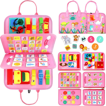 Carte Senzoriala Educativa Montessori 7in1, Cyrax, 26 de Activitati, Dezvoltare Abilitati Motorii, 4 Pagini, Model Dinozauri, 28x22x7 cm, Roz
