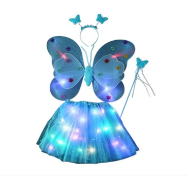 Costum Fluturas cu Aripi Modelabile Luminoase pentru Copii, Cyrax, Fusta din Tul cu Lumini, Bagheta si Bentita, 4 piese, Pentru Halloween, Roleplay, Craciun, Carnaval, Paste, Ziua Copilului, Bumbac/Poliester, Marime universala, Albastru