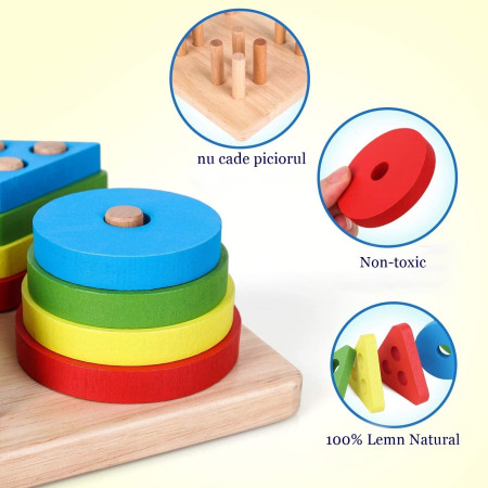 Jucarie Educativa Cyrax, Tip Montessori, din Lemn, + 36 Luni, Forme Geometrice, 16 Piese, 12 x 12 cm, Multicolor