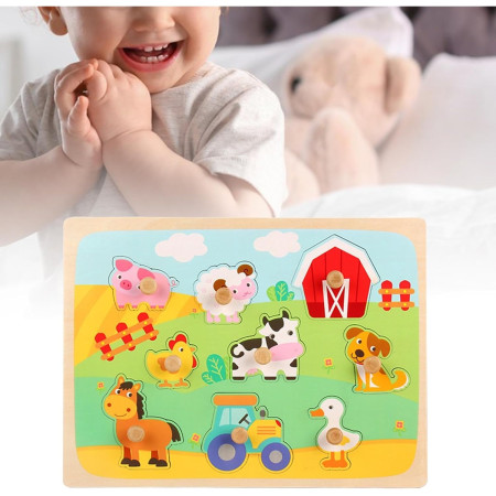 Puzzle Montessori din Lemn pentru Copii, Cyrax, 3D, 0-3 Ani, Model Ferma, Educativ, Intuitiv, Creativ, 9 Piese, 30x22.5x0.8 cm, Multicolor