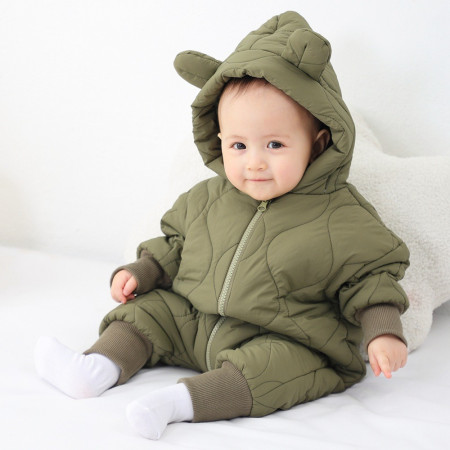 Combinezon de Iarna, Cyrax, pentru Bebelusi, din Bumbac, cu Urechi, Mansete Elastice, Unisex, 66 cm, Verde