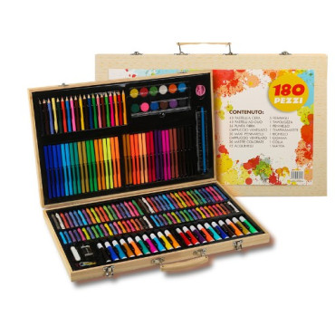Set 180 Piese pentru Desen si Pictura, Cyrax, Tip Servieta din Lemn, Model Natur, 46 x 30.9 x 4.1 cm, Multicolor