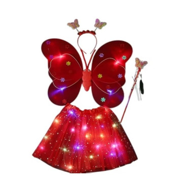 Costum Fluturas cu Aripi Modelabile Luminoase pentru Copii, Cyrax, Fusta din Tul cu Lumini, Bagheta si Bentita, 4 piese, Pentru Halloween, Roleplay, Craciun, Carnaval, Paste, Ziua Copilului, Bumbac/Poliester, Marime universala, Rosu