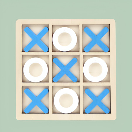 Jucarie Montessori Tic Tac Toe, Cyrax, Educativa, Interactiva, din lemn, X si O, 9 Piese, 14.3x14.3 cm, Albastru Alb
