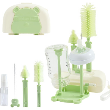 Set 7 Piese de Spalat/Uscat Biberoane, Cyrax, Portabil, Peri de Silicon, pentru Tetine, Suzete, Biberoane, Paie, Cutie Inclusa, 16 x 11 x 5 cm, Model Ursulet, Verde