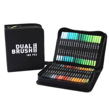 Set Carioci pe Baza de Apa, Cyrax, 2 in 1, pentru Pictura, Caligrafie, 100 Culori, Penar Negru, Corp Carioca Negru, 23.5 x 19.5 x 7.5 cm, Multicolor