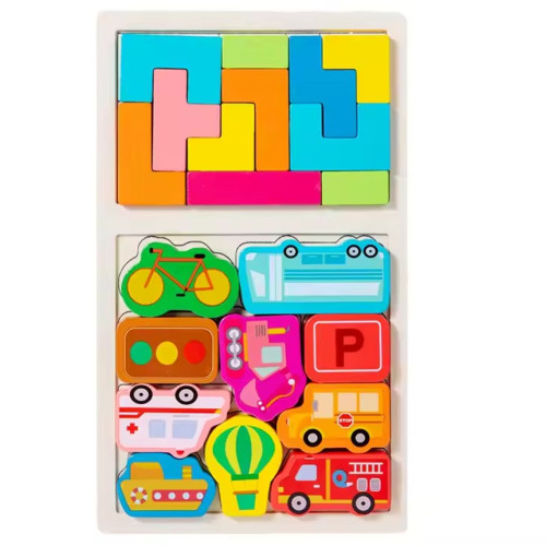 Puzzle Montessori din Lemn pentru Copii, Cyrax, Tip Tetris 2in1, +3 Ani, cu Masini Colorate 3D, Educativ, Intuitiv, Creativ, 21 de Piese, 28.5x17x1.2 cm, Multicolor...