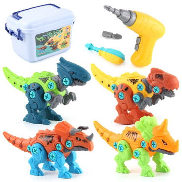 Set de Constructie/Asamblare, Cyrax, 4 Dinozauri, cu Bormasina Electrica, Baterii 2 x AA, Surubelnita si Cutie Depozitare, 22.5 x 14.5 x 15 cm, Multicolor