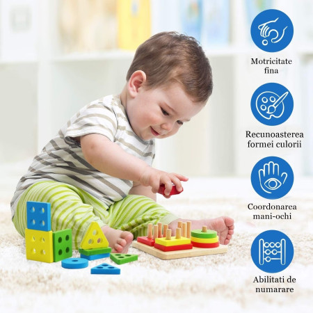 Jucarie Educativa Cyrax, Tip Montessori, din Lemn, + 36 Luni, Forme Geometrice, 16 Piese, 12 x 12 cm, Multicolor