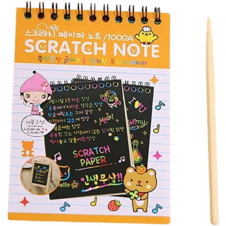 Caiet cu fise razuibile Cyrax, DIY Magic Scratch, 12 File, Curcubeu, Creion din Lemn, Cartonase negre, 14.5 x 10 cm, portocaliu