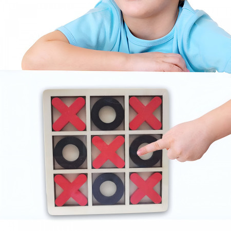 Jucarie Montessori Tic Tac Toe, Cyrax, Educativa, Interactiva, din lemn, X si O, 9 Piese, 14.3x14.3 cm, Negru Rosu
