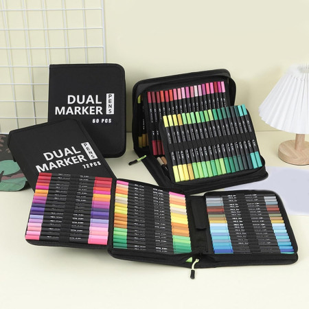 Set Carioci pe Baza de Apa, Cyrax, 2 in 1, pentru Pictura, Caligrafie, 72 Culori, Penar Negru, Corp Carioca Negru, 24.5 x 18.5 x 5 cm, Multicolor