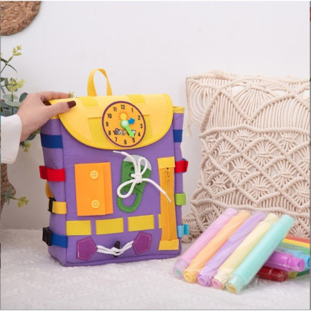 Ghiozdan Montessori, Cyrax, pentru Copii 2-6 ani, Fidget Pop, cu Catarame si Fermoare, Jucarii Senzoriale, Activitate de Invatare prin Joc, Mov, 0.25 kg, 28x10x23 cm