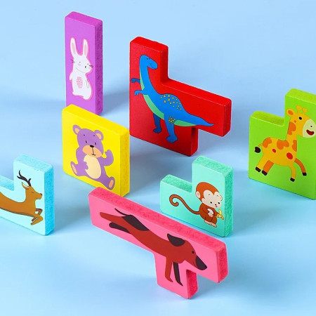 Puzzle din Lemn Cyrax, Tip Tetris, +4 Ani, cu Animale Colorate 3D, 7 Piese, Multicolor