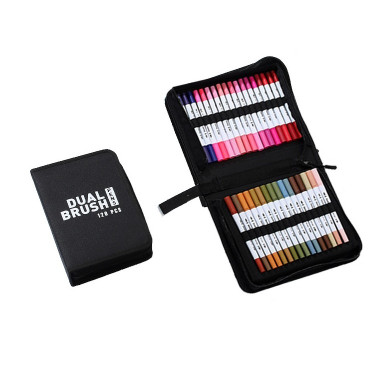 Set Carioci pe Baza de Apa, Cyrax, 2 in 1, pentru Pictura, Caligrafie, 120 Culori, Penar Negru, Corp Carioca Alb, 27.5 x 19.5 x 8 cm, Multicolor