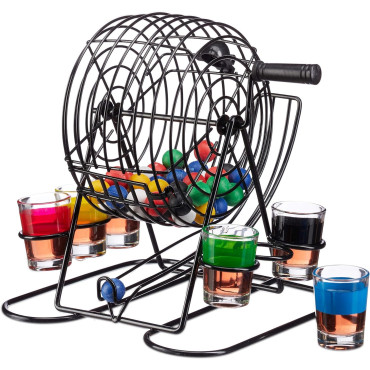 Joc Mini Loterie Cyrax, Bingo, cu Pahare de Shot din Sticla, 20 x 20 x 19 cm, 48 Bile, Negru