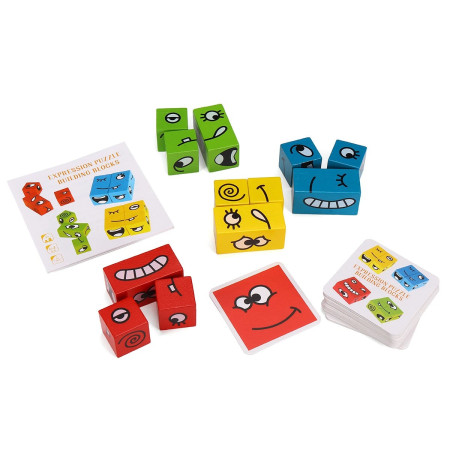 Jucarie Pentru Copii Montessori Cyrax, Cub din Lemn, Asamblare Fete, 64 de Carti Distractive, pentru Baieti si Fete, Varsta +3 ani, Educativ, Ambalaj din plastic, 12 x 12 x 3 cm, multicolor