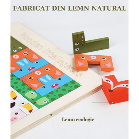 Puzzle din Lemn Cyrax, Tip Tetris, +4 Ani, cu Animale Colorate 3D, 40 Piese, Multicolor