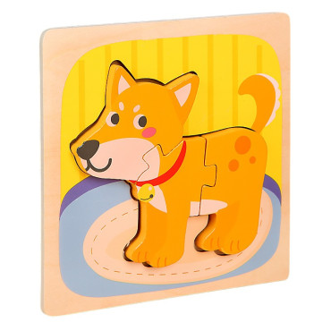 Puzzle Montessori din Lemn pentru Copii, Cyrax, 3D, 0-3 Ani, Model Catel, Educativ, Intuitiv, Creativ, 3 Piese, 15x15x0.5 cm, Multicolor