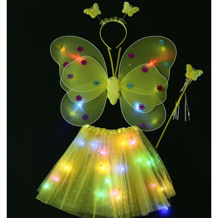 Costum Fluturas cu Aripi Modelabile Luminoase pentru Copii, Cyrax, Fusta din Tul cu Lumini, Bagheta si Bentita, 4 piese, Pentru Halloween, Roleplay, Craciun, Carnaval, Paste, Ziua Copilului, Bumbac/Poliester, Marime universala, Galben