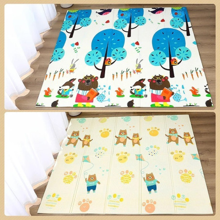 Covoras pentru Copii, Cyrax, cu 2 Fete, Model Zmeu/Ursi, din XPE+PE, Impermeabil, Antiderapant, Protectie Termica, +3 Luni, Pliabil, 180 x 200 x 1.5 cm, Multicolor