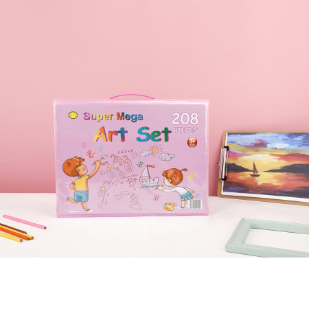 Set 208 Piese, Complet pentru Pictura si Desen, Cyrax, Tip Servieta, 3-12 Ani, 32.6 x 27.7 x 6 cm, Roz