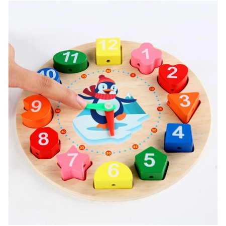 Jucarie Educativa Cyrax, Tip Montessori, Model Ceas Pinguin, din Lemn, + 36 Luni, 12 Piese, 17.2 cm, Multicolor