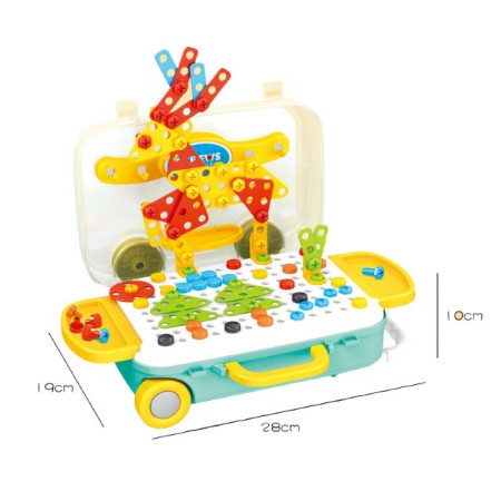 Jucarie educativa pentru copii, Cyrax, Set 258 piese, 6 in 1, Valiza cu bormasina, Multicolor
