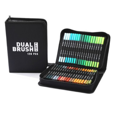 Set Carioci pe Baza de Apa, Cyrax, 2 in 1, pentru Pictura, Caligrafie, 120 Culori, Penar Negru, Corp Carioca Negru, 27.5 x 19.5 x 8 cm, Multicolor