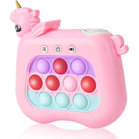 Jucarie Interactiva Pop It Whack A Mole, Cyrax, Tip Consola, Anti-Stres, 4 Moduri de Joc, din ABS si Silicon, +3 Ani, Model Unicorn, Roz