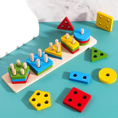 Jucarie Educativa Cyrax, Tip Montessori, din Lemn, + 36 Luni, Forme Geometrice, 20 Piese, 6 x 26.5 cm, Multicolor