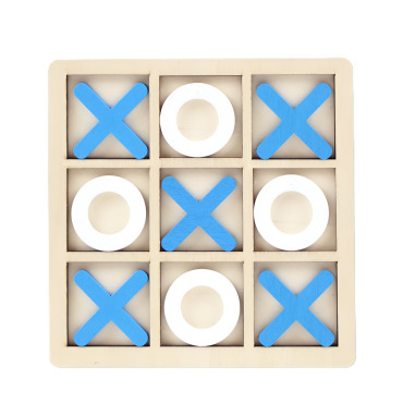 Jucarie Montessori Tic Tac Toe, Cyrax, Educativa, Interactiva, din lemn, X si O, 9 Piese, 14.3x14.3 cm, Albastru Alb