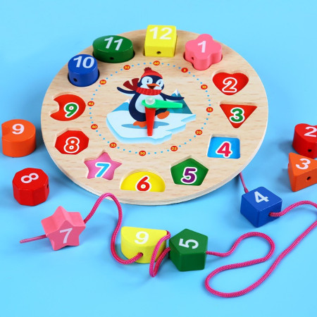 Jucarie Educativa Cyrax, Tip Montessori, Model Ceas Pinguin, din Lemn, + 36 Luni, 12 Piese, 17.2 cm, Multicolor