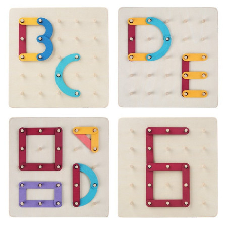 Jucarie Montessori Pegboard, Cyrax, din Lemn, Tip Puzzle, Forme, Litere, Educativ, 17.8 x 17.8 x 1.5 cm, Multicolor