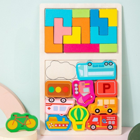 Puzzle Montessori din Lemn pentru Copii, Cyrax, Tip Tetris 2in1, +3 Ani, cu Masini Colorate 3D, Educativ, Intuitiv, Creativ, 21 de Piese, 28.5x17x1.2 cm, Multicolor