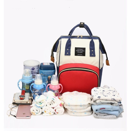 Rucsac Multifunctional pentru Mamici, Cyrax, din Panza Oxford, Compartimentare Multipla, Impermeabil, 43 x 18 x 26 cm, Alb/Rosu/Albastru