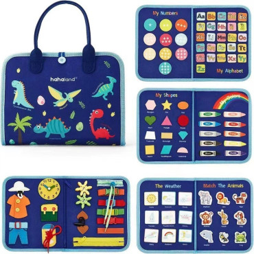 Carte Senzoriala Educativa Montessori, Cyrax, Dezvoltare Abilitati Motorii, 5 Pagini, Model Dinozauri, 28x22x7 cm, Albastru