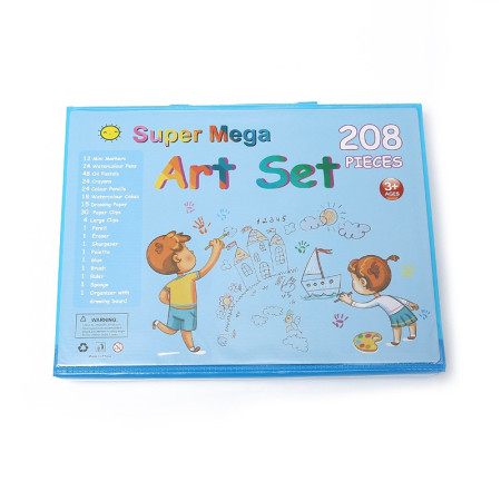 Set Complet pentru Desen si Pictura, Cyrax, 208 Piese, Creioane, Markere, Acuarele cu Apa si Ulei, Pixuri, Hartie de Desen, Radiera, Ascutitoare, Radiera, Suport pentru Planse, Albastru, Cutie Mica, English