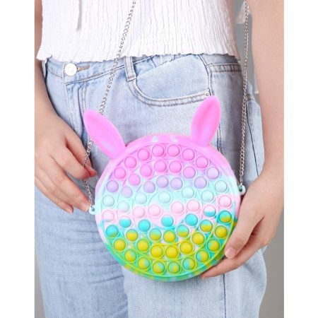 Jucarie antistres din silicon Cyrax, Geanta Pop It, 16 cm, Iepuras, Macarons