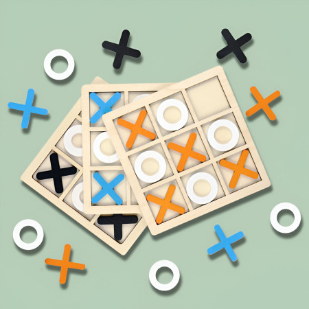 Jucarie Montessori Tic Tac Toe, Cyrax, Educativa, Interactiva, din lemn, X si O, 9 Piese, 14.3x14.3 cm, Portocaliu Alb
