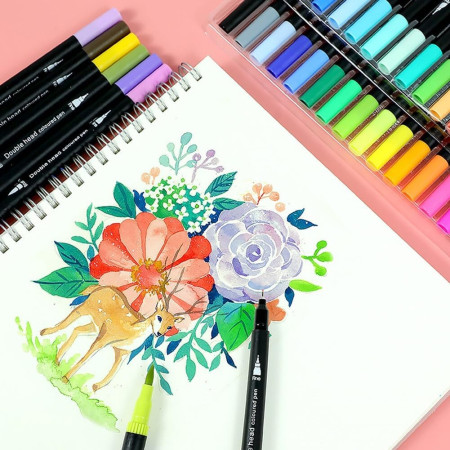 Set Carioci pe Baza de Apa, Cyrax, 2 in 1, pentru Pictura, Caligrafie, 100 Culori, Penar Negru, Corp Carioca Negru, 23.5 x 19.5 x 7.5 cm, Multicolor