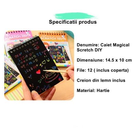 Caiet cu fise razuibile Cyrax, DIY Magic Scratch, 12 File, Curcubeu, Creion din Lemn, Cartonase negre, 14.5 x 10 cm, verde