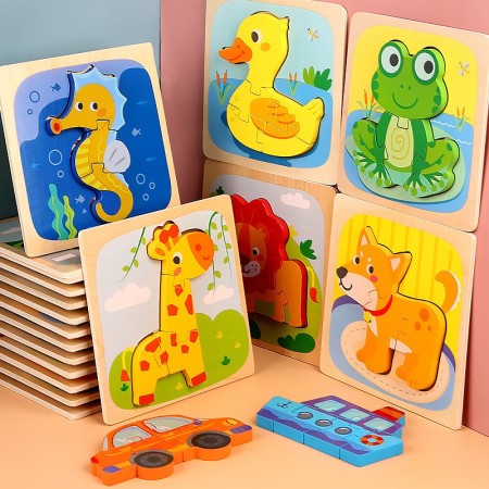 Puzzle Montessori din Lemn pentru Copii, Cyrax, 3D, 0-3 Ani, Model Catel, Educativ, Intuitiv, Creativ, 3 Piese, 15x15x0.5 cm, Multicolor