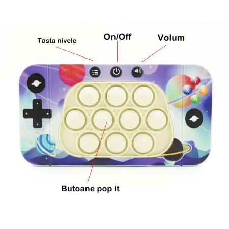 Jucarie interactiva tip consola pentru copii Cyrax, speed push whack-a-mole, joc de viteza pop it, material ABS/silicon, cu nivele, sunete si lumini, 15.5 x 7.6 x 5.3 cm, model spatiu, multicolor