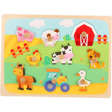 Puzzle Montessori din Lemn pentru Copii, Cyrax, 3D, 0-3 Ani, Model Ferma, Educativ, Intuitiv, Creativ, 9 Piese, 30x22.5x0.8 cm, Multicolor